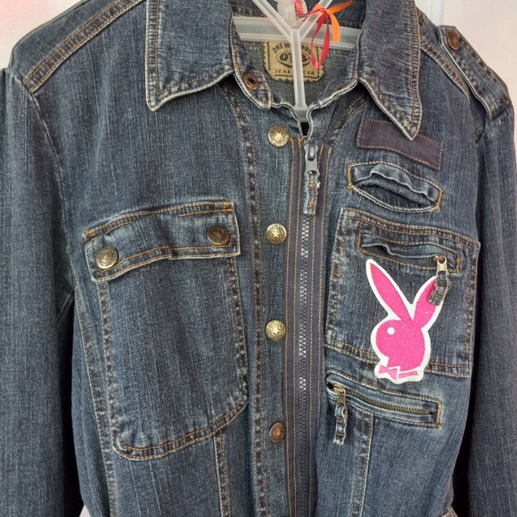 Custom PLAYBOY late 90s/early y2k belted denim jacket w all the trimmings!  Rdy! - Picture 3 of 8